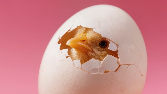 Newborn Chick Hatching From Egg Against Soft Pink Background