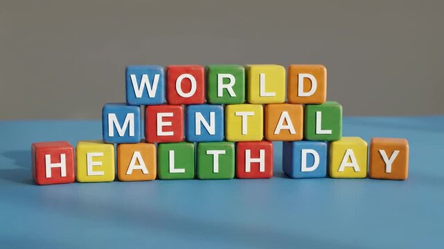 World Mental Health Day text spelled out on colorful wooden toy blocks