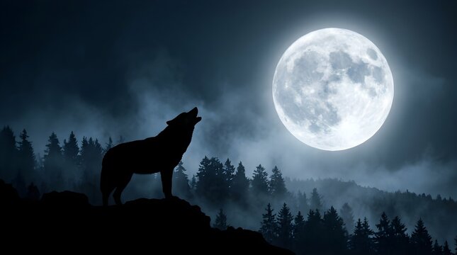Silhouette of a wolf howling at the full moon in a misty dark forest