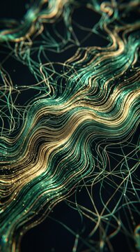 Abstract green gold wave lines glowing in motion dark background modern technology data network particle flux futuristic dynamic energy curve 3d render wallpaper artwork design element luxury