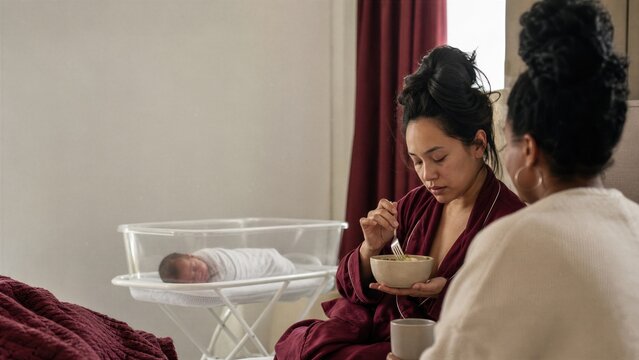Doula supporting mother eating healthy meal in bedroom with newborn baby in bassinet. Postpartum care and assistance for woman recovering after childbirth at home. New motherhood.