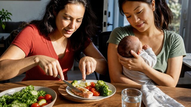 Woman helping friend holding newborn baby with mealtime at home. Friend cutting salmon and broccoli on plate. Postpartum support, healthy eating, motherhood, lifestyle, daily care.