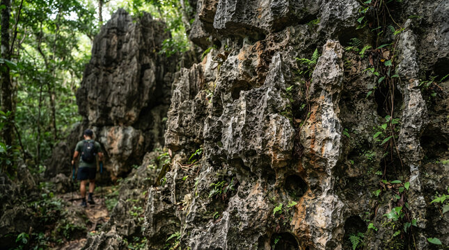  Rugged limestone karst formations beside a narrow hiking trail in a dense tropical rainforest.