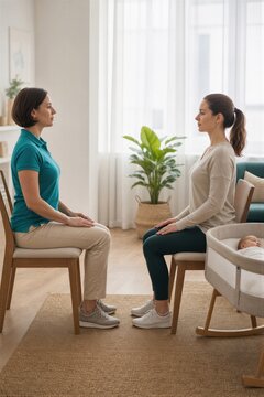 Physiotherapist demonstrating correct seated posture to woman with newborn baby.