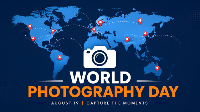 World Photography Day banner with flat world map camera icon and location pins