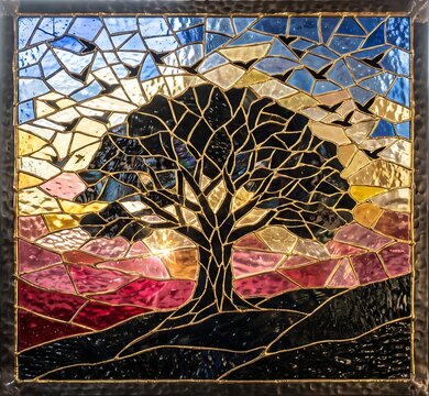 A beautiful mosaic art piece depicting a large tree silhouette against a colorful sunset sky background
