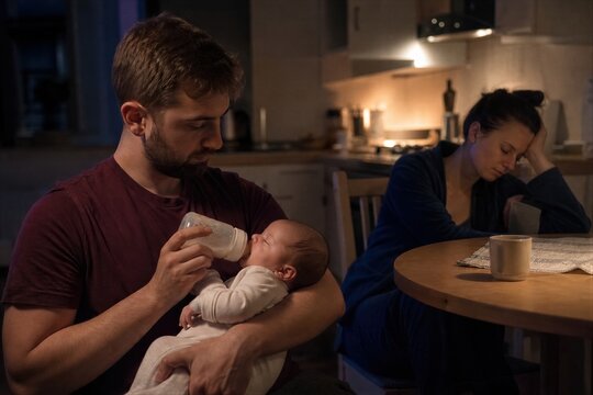 Father bottle feeding newborn baby in kitchen at night while tired mother dozes nearby. Postpartum care and parenting concept.