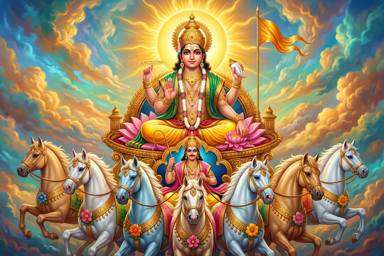 Traditional Indian god of light and energy traveling across the sky in a golden chariot with white steeds