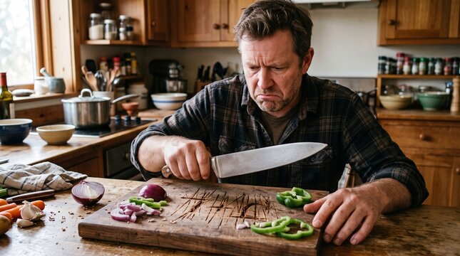 Man with frustrated expression chopping vegetables in a rustic kitchen