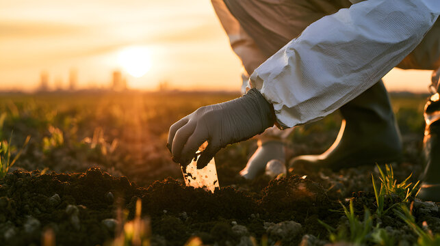 A soil sample collector, clad in protective gear, gathers samples from a field. This research snapshot epitomizes contemporary agricultural advancement and eco-friendly farming methods.