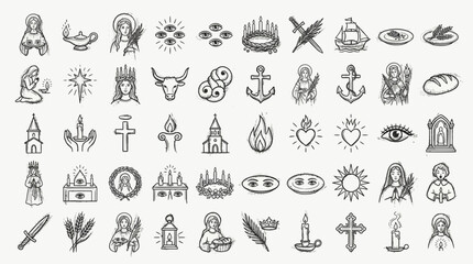 Fototapeta premium A comprehensive collection of religious and spiritual symbols, including figures, crosses, crowns, and abstract emblems, rendered in a detailed line art style.
