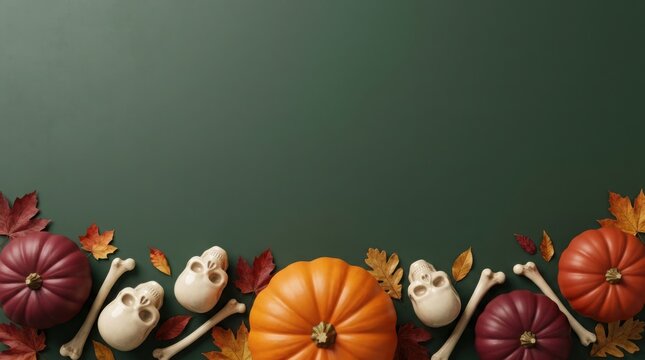 Autumnal Halloween arrangement with pumpkins skulls and bones on a dark green background
