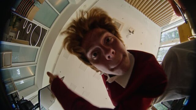 Portrait of Caucasian young man dancing energetically and gesturing at low angle fisheye camera in modern office. Video is ideal for youth marketing and social media app advertisements