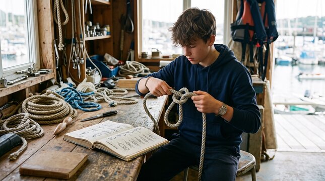 Young man learning to tie nautical knots in a workshop with a harbor view