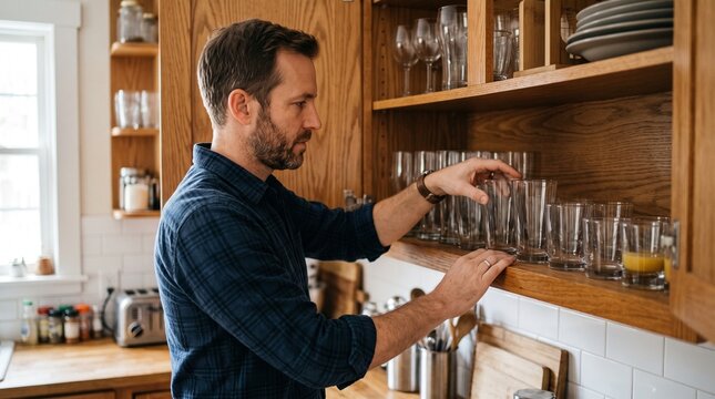 Man in blue plaid shirt organizing clean drinking glasses on a wooden kitchen shelf