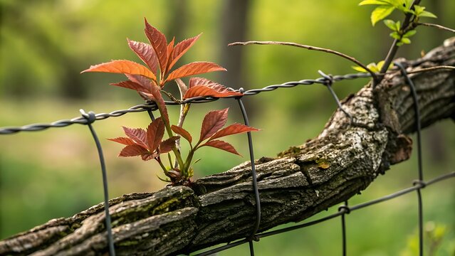 Red spring leaves growing on a tree branch entwined with a wire fence in a forest.
