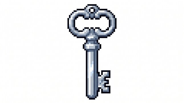 8-bit pixel art of a shiny silver key dungeon unlock RPG game asset isolated on white.