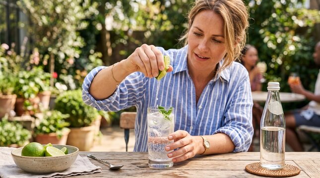 Woman squeezing lime into refreshing drink outdoors in a garden setting with friends blurred in background