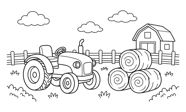 Farm tractor coloring page parked near hay bales and a wooden barn. Simple black and white line art illustration for kids coloring book, activity sheet and printable worksheet.