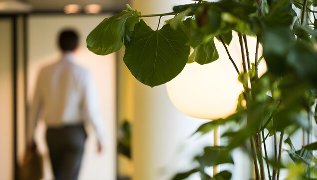 A contemporary office entrance featuring a business individual, an indoor green plant, and gentle artificial illumination, underscores a sustainable workspace, corporate ethos emphasizing environmenta