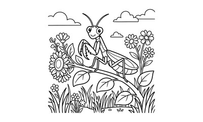 Fototapeta premium Praying mantis coloring page perched on a sunflower stem in a garden field. Detailed black and white line art outline illustration for kids coloring book and science worksheet.