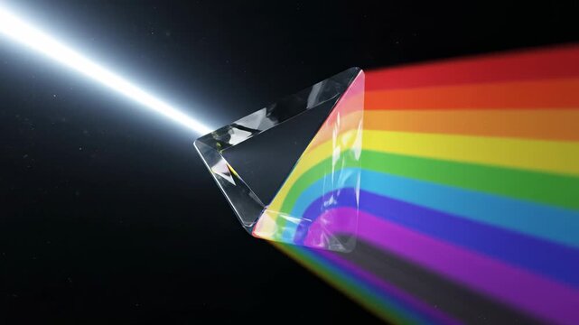 triangular prism refracting white light into a full spectrum rainbow of colors against a dark background, science and education concept