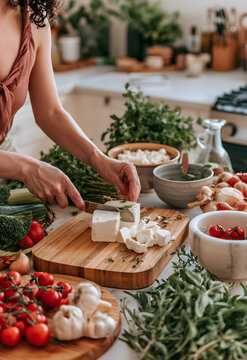 In the kitchen, a person skillfully cuts feta cheese on a wooden board, surrounded by fresh herbs