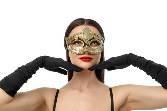 Woman in a bold pose with mask and gloves, isolated, PNG