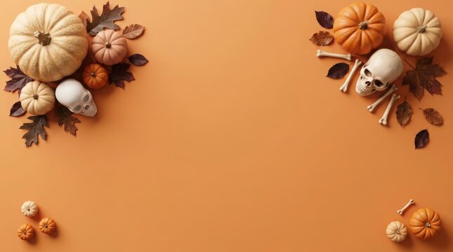 Halloween pumpkins and skulls arranged with autumn leaves against a warm orange background