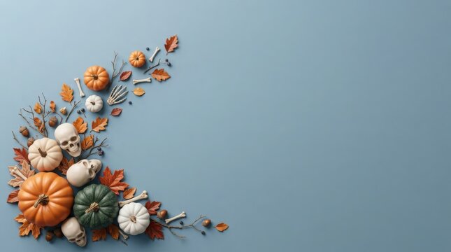 Autumn Halloween arrangement with pumpkins skulls and leaves on blue background with copy space