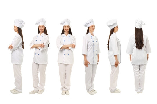Set, Young woman shows different angles of her chef outfit, PNG