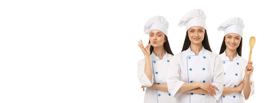Young woman in chef outfits in different poses, PNG