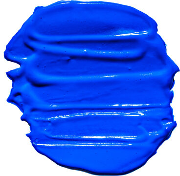 Round bright blue acrylic paint swatch with thick glossy horizontal brush strokes isolated on transparent background
