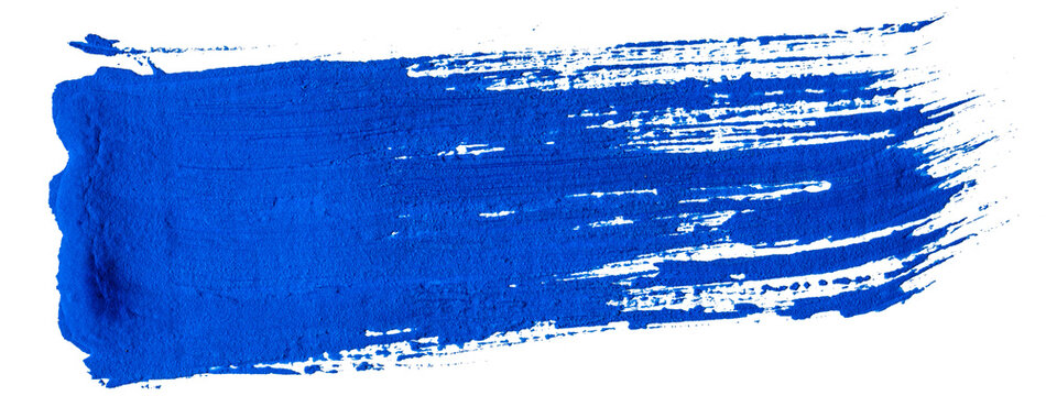 Thick vibrant blue acrylic horizontal paint brush stroke with dry bristle texture isolated on transparent background