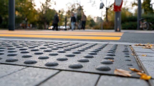 Close up of tactile paving on a sidewalk with blurred pedestrians crossing a yellow striped street in autumn