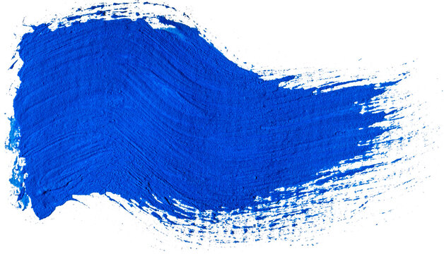 Thick vibrant cobalt blue acrylic brush stroke with dynamic sweeping wave dry edges isolated on transparent background