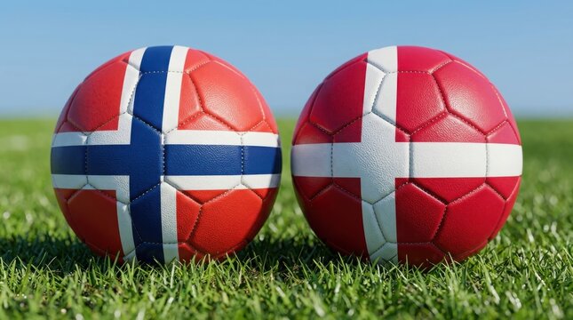 Norwegian and Danish football match balls on green grass , European football tournament.