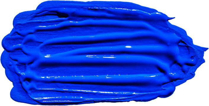 Vibrant thick glossy ultramarine blue wet acrylic paint horizontal impasto brush stroke texture isolated on transparent background
