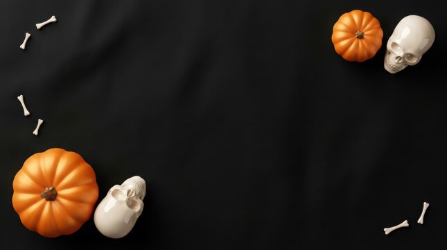 Halloween pumpkins and skulls with bones on black fabric background during spooky season