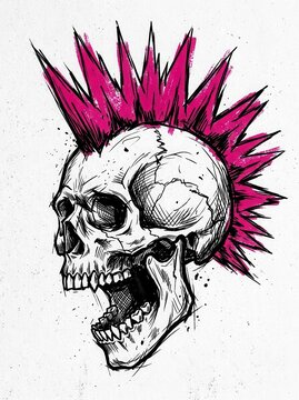 Punk Rock Skull Illustration with Vibrant Pink Mohawk Hair Style on Textured Background