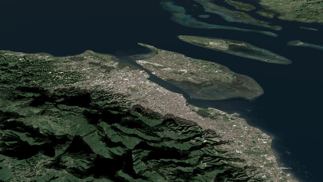 Oblique aerial 3D illustration of Cebu City, Philippines. Contains modified Copernicus Sentinel data (2023). Surface/elevation: ESA/Copernicus.