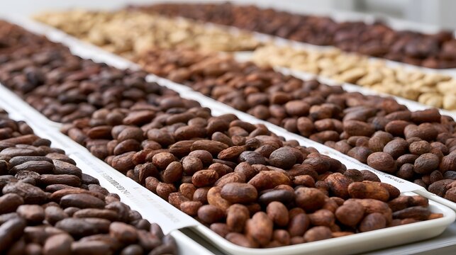 Rows of roasted cocoa beans displayed in trays for sensory evaluation and ingredient comparison