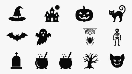 Fototapeta premium Creative Black and White Halloween Themed Icon Set Featuring Witch Hat Haunted House Jack O Lantern Ghosts Bats Spiders Skeletons Cauldron Graveyard and More