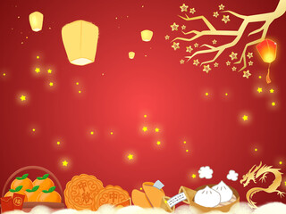 Fototapeta premium mid autumn festival background with mooncake lantern and dragon