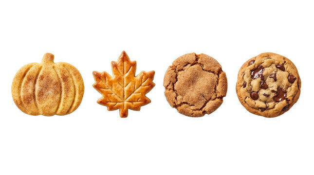 Four assorted autumn cookies isolated on transparent background png