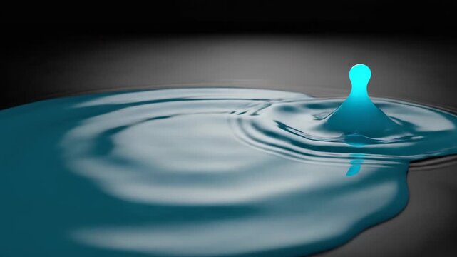 Detailed closeup of a turquoise blue water drop splashing into liquid creating ripples and concentric waves on a dark textured surface, motion and fluid dynamics