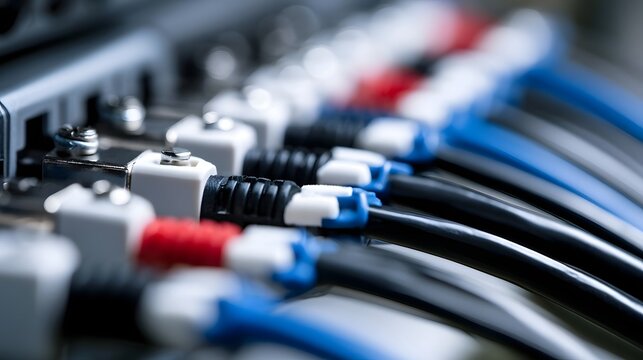 Close up of organized network cables with connectors plugged into a patch panel for data transmission infrastructure