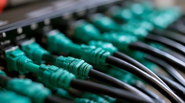 Close up of green Ethernet cables plugged into a network switch  showing organized data connectivity infrastructure