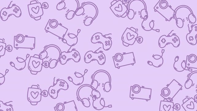 Purple gamingthemed pattern featuring controllers, smartwatches, headsets, and video projectors. Ideal for gamingrelated designs, backgrounds, and digital projects.