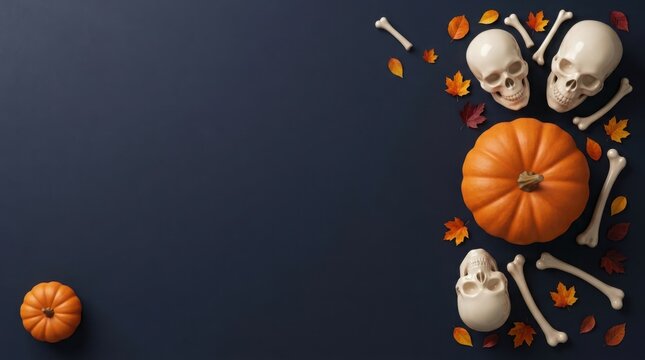 Halloween arrangement with pumpkin skulls and bones on dark background